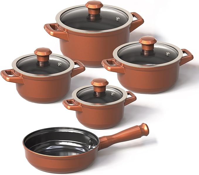 Real Ceramic Non Scratchable Non Toxic Cookware Set - Oven Safe Up to 1200F Stovetop Agnostic Dishwasher Safe Longlasting and Lightweight - PFAS PTFE PFOA PFOS - Shiny Caramel