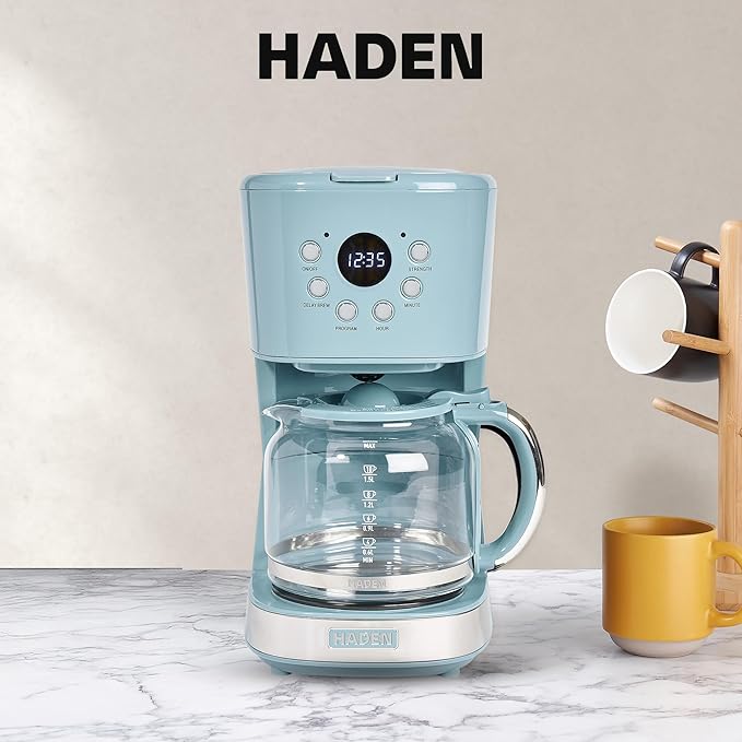 Haden Brighton Coffee Machine 12 Cup Programmable Drip Coffee Maker with Auto Shut-Off Function and Reusable Washable Water Filter Sky Blue &amp Chrome