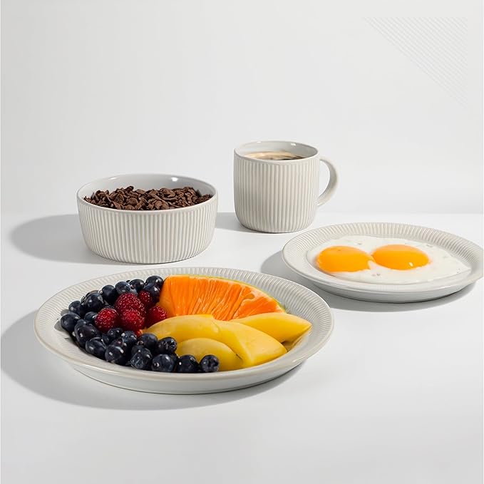 TABLE 12 Dinnerware Set Parchment Embossed Dish Set for 4 with Dinner Plates Dessert and Salad Plate Set Bowl Set and Mugs Simple Modern Kitchenware White 16-Piece