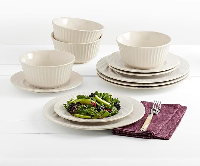 Tabletops Gallery Richmond 12-Piece Reactive Glaze Stoneware Dinnerware Set of Kitchen Dishes Dinner Plates Cereal Bowls Service for 4 White