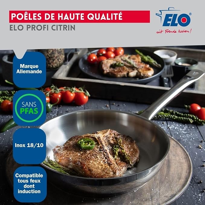 ELO 9504350 6-Piece Cookware Set 2 Frying Pans 24 and 28 cm and 4 Saucepans 12 16 20 and 26 cm Elo Profi Citrine Stainless Steel Induction