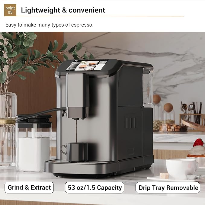 Espresso Machine Built-in Grinder Coffee Maker with TFT Color Screen Automatic Milk Frother Coffee Machine 20 Bar Pump + 15 Grind Settings 1.5L Water Tank + Auto Rinse 120V 1350W Star Gray