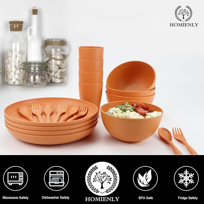 Wheat Straw Dinnerware Sets Homienly 20pcs Unbreakable Microwave Dishwasher Safe Tableware Lightweight Bowls Cups Plates Set Reusable Dinner Plates Bowls set (Orange)