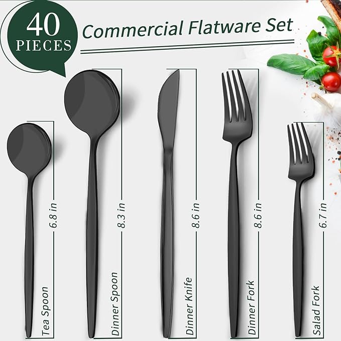 40-Piece Matte Black Silverware Set for 8 CEKEE Stainless Steel Flatware Cutlery Set Cutlery Kitchen Utensils Set for Home Restaurant Apartment Include Knife Forks and Spoons Silverware Set