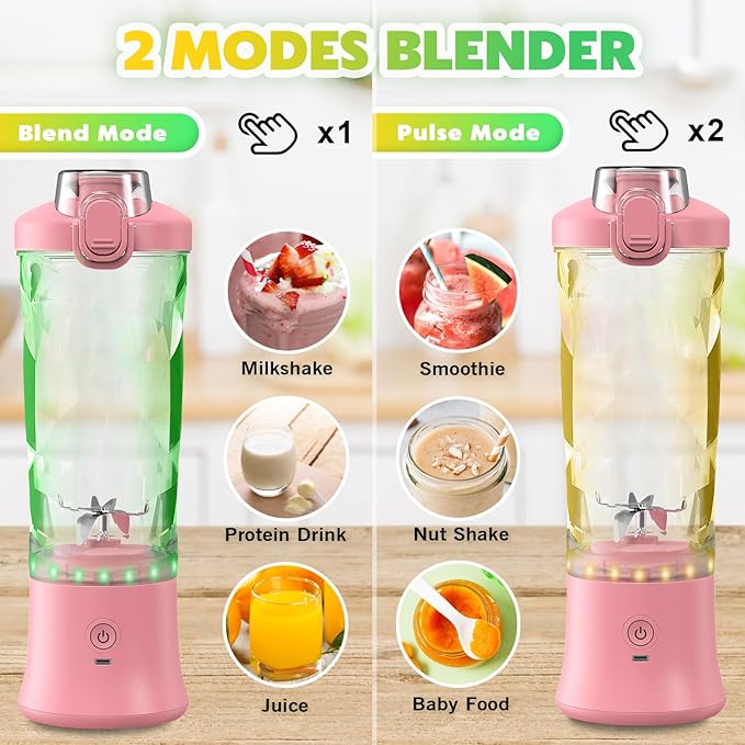 Portable Blender Personal Juicer for Shakes and Smoothies - 20 OZ Electric Protein Shaker Bottle with Insulated Sleeve Travel Lid USB-C Rechargeable - Mini Small Blender Cup for Kitchen Office Gym