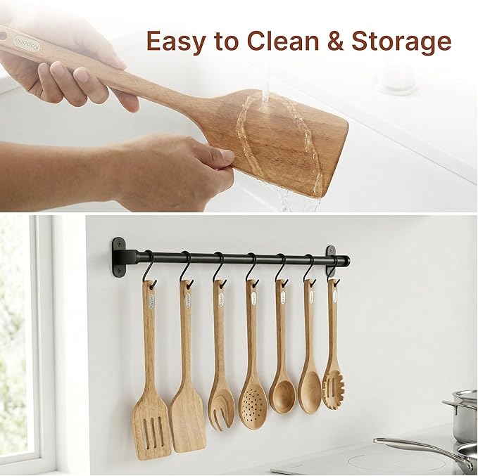 Koppen Rubber Wood Kitchen Utensils Set Durable Wooden Cooking Spoon and Spatula Ladle for Nonstick Cookware Non Toxic Heat Resistant Smooth Grip Modern Elegant Design for Everyday (5 Piece Set)