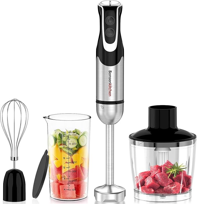 Bonsenkitchen 4-in-1 Immersion Blender Handheld with Food Processor 12 Speeds Hand Blender with Turbo Mode Stainless Steel Blade Egg Whisk Beaker &amp Chopper Bowl Stick Mixer for Smoothie Pure