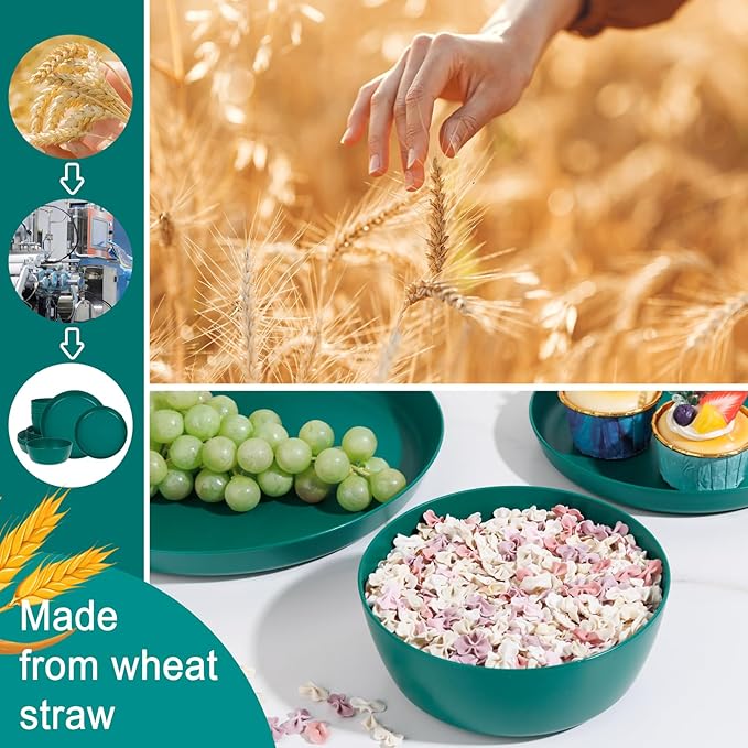 EI 12pcs Dark Green Wheat Straw PlatesPlate and Bowls SetsWheat Straw Dinnerware SetUnbreakabl Plastic Plates ReusableeMelamine Dinnerware Sets