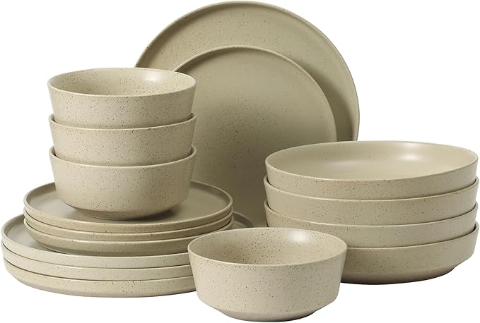 Gibson Elite Overbrook 16-Piece Pottery Clay Stoneware Dinnerware Set – White Reactive Glaze Stackable Plates and Bowls w/Pasta Bowl Service for 4 – Microwave &amp Dishwasher Safe