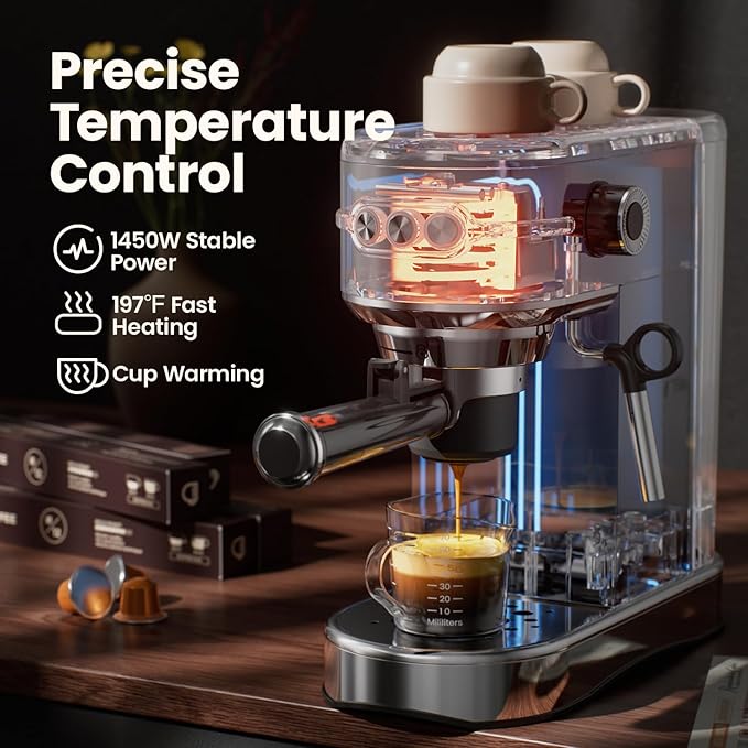 Espresso Machine - 20Bar Coffee Maker with Foaming Steam Wand: 1450W Compatible for Original Capsule &amp Ground Single-Serve Espresso Maker with 35Oz Removable Water Tank for Latte Kitchen