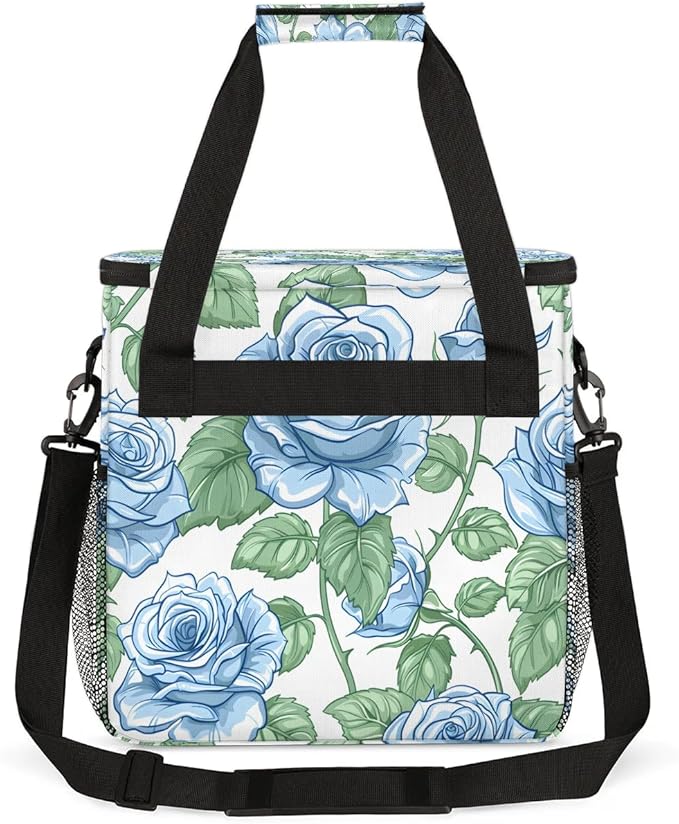 Blue Rose Print Coffee Maker Carrying Bag Compatible with K-Mini or K-Mini Plus Portable Single Cup Coffee Maker Case with Pockets for K Cup Pods