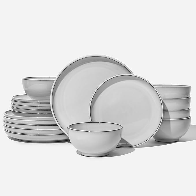 18 Piece White Stoneware Dinnerware Set for 6 Santorini Mist Terracotta Plates and Bowls with Reactive Glaze Microwave &amp Dishwasher Safe Aesthetic Ceramic Dishes for Family Meals &amp Hosting