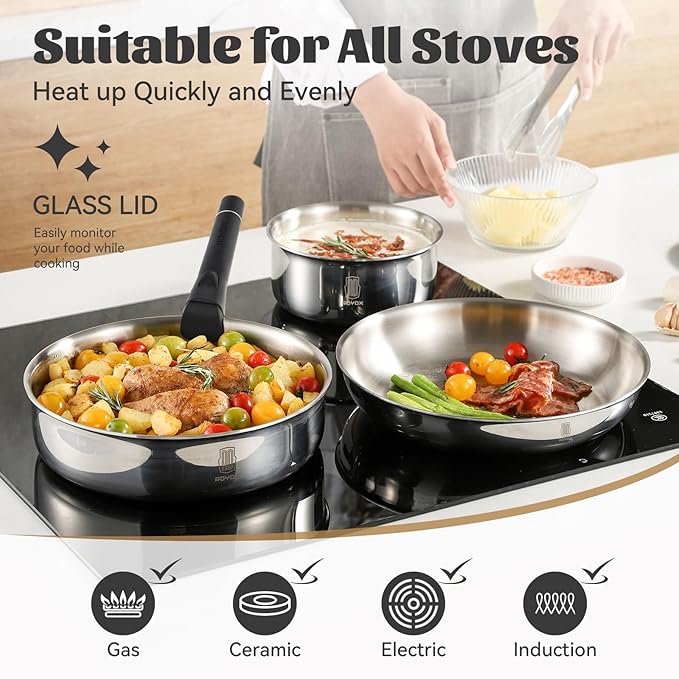 ROYDX16 PCS Pots and Pans Set18/10 Stainless Steel Cookware Set with Adjustable Detachable Handles for RVhome Dishwasher Safe and Oven Safe