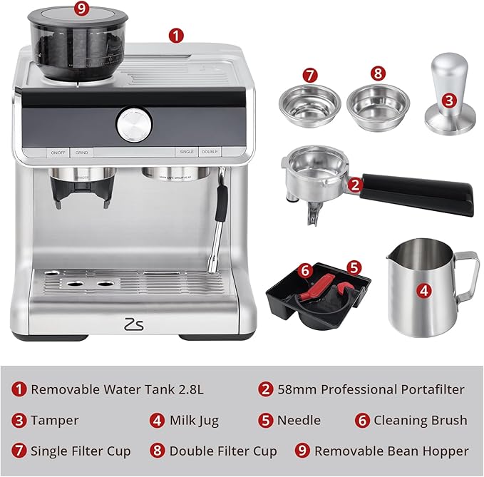 Garvee Coffee Machine 20 Bar Pressure Stainless Steel Espresso Maker Cappuccino and Macchiato with Milk Frother 2.8L Water Tank Barista Kit for Latte.