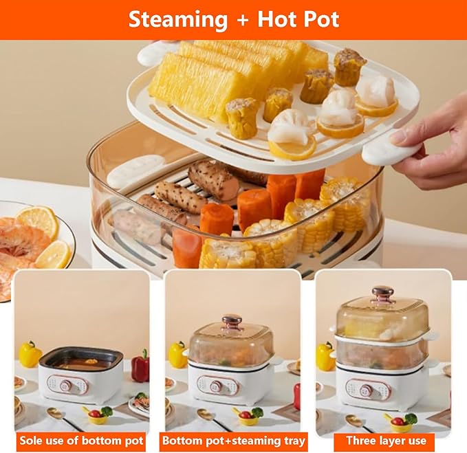 2-in-1 Electric Shabu Hot Pot + 2 Steam Bowls Nonstick Steam Cooker 10.5l Rice Cookers Multifunctional Electric Steamer Single Key Delights (With 3 Spice Plates)