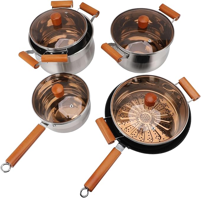 AUNMAS Stainless Steel Cookware Set with Dual Wooden Handles 5 Pieces Even Heating Multifunctional Kitchen Cooking Set for Steaming Boiling Making Soup