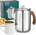 Coffee Percolator Pot Stainless Steel Coffee Maker with Tough Glass Knob &amp Fireproof Solid Wood Handle &amp Drip-Free Spout Camping Coffee Pot Using on any Stovetop NO Aluminum NO Plastic (8 Cup)