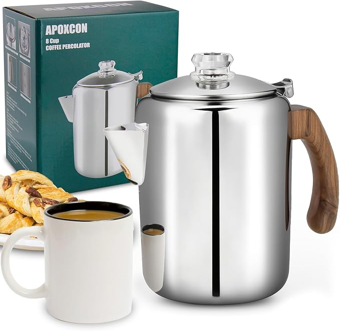 Coffee Percolator Pot Stainless Steel Coffee Maker with Tough Glass Knob &amp Fireproof Solid Wood Handle &amp Drip-Free Spout Camping Coffee Pot Using on any Stovetop NO Aluminum NO Plastic (8 Cup)