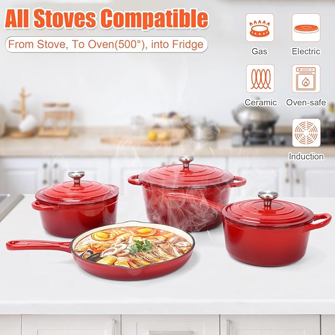 QuliMetal Nonstick Enameled Cast Iron Cookware Set 7-Pcs Pots and Pans with Lid Frying Pan Skillet Sauce Pan Healthy Round Dutch Oven Pot for Sourdough Bread Baking on All Stovetop Rouge Red