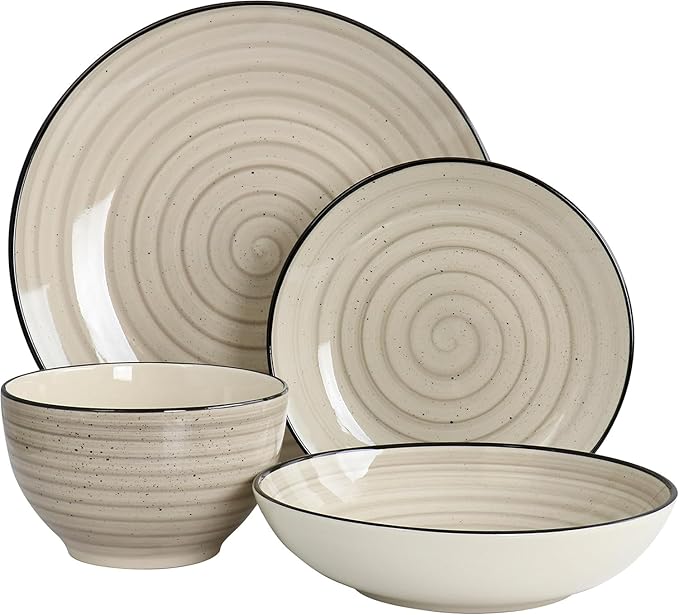 24-Piece Stoneware Dinnerware Set – Round Two-Tone Hand-Painted Dishes with Swirl Design Service for 6 Microwave &amp Dishwasher Safe Tableware (Cream)