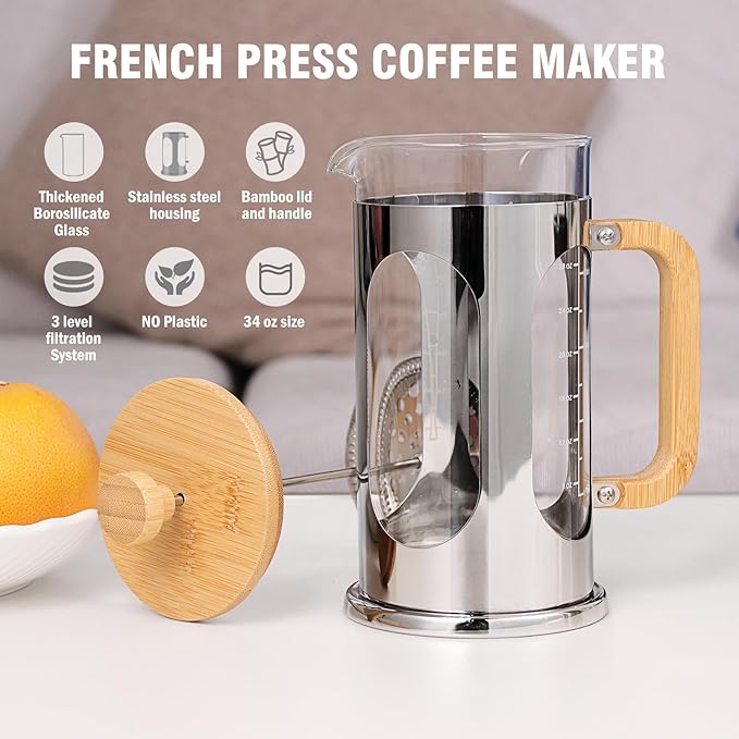 Sivaphe No-Plastic French Press Coffee Maker 34 oz Borosilicate Glass Bamboo Lid and Handle Coffee Tea Press 8 cup 1000ml Coffee Milk Forther with Stainless Steel Holder and Resuable Filters