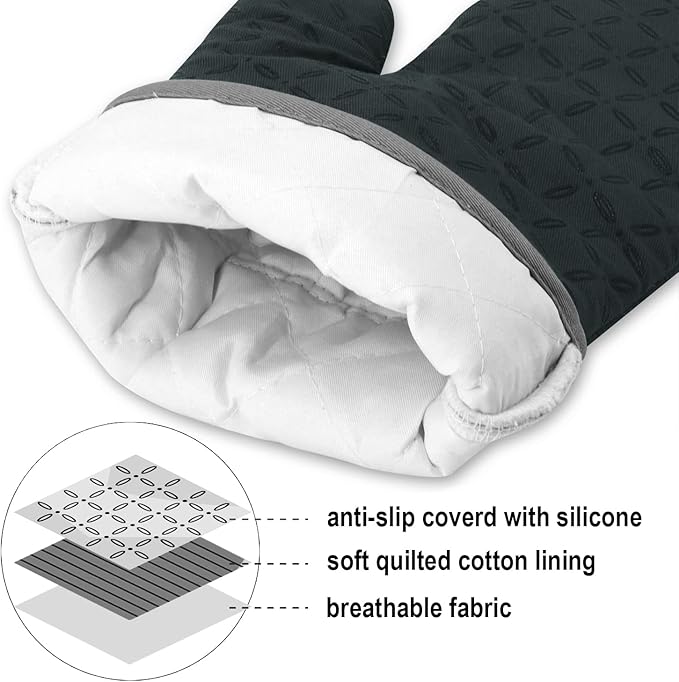 KEGOUU Oven Mitts and Pot Holders 6pcs Set Kitchen Oven Glove High Heat Resistant 500 Degree Extra Long Oven Mitts and Potholder with Non-Slip Silicone Surface for Cooking (Deep Green)