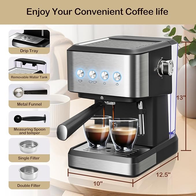 Espresso Machine with Milk Frother 20 Bar Espresso Maker for Cappuccino&ampLatte Compact Coffee Maker for Home&ampOffice 50oz Removable Water Tank Stainless Steel