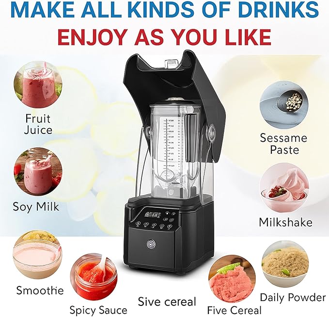 2200W Quiet Commercial Blender with Soundproof Shield – 2.2L Countertop Smoothie Maker with Smart Touch Screen – High Speed Food Blender for Ice Juices Shakes Restaurants Home UseBlack