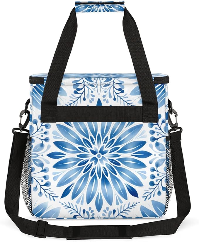 Blue White Floral Coffee Maker Travel Bag for Keurig K-Mini/K-Mini Plus Insulated Waterproof Tote with Pockets for Portable Single-Serve Brewer Case