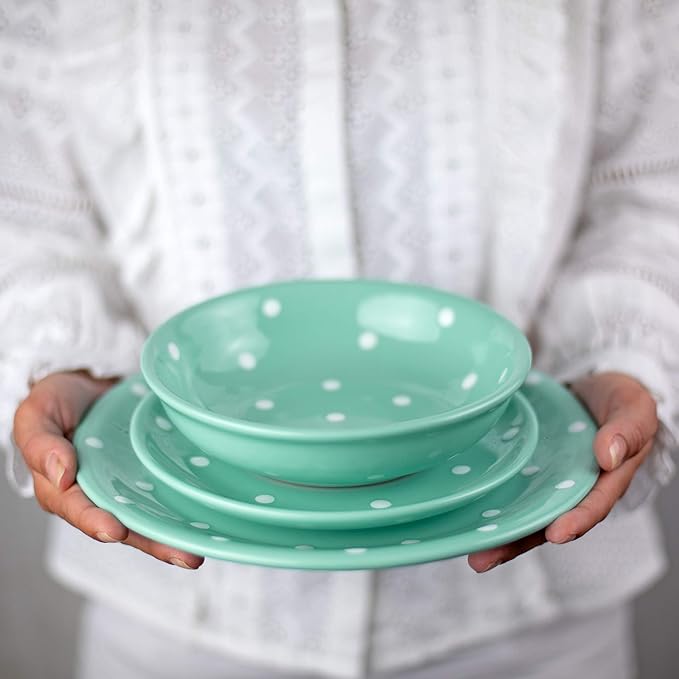 Handmade Teal Blue and White Polka Dot Ceramic 12 piece Dinnerware Set | Pottery Tableware Service for 4 | Dinner Plates | Side Plates | Bowls | Housewarming Gift by City to Cottage®