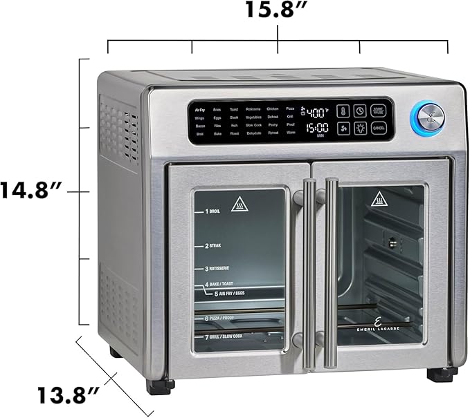 Emeril Lagasse Extra Large French Door Air Fryer Toaster Oven Combo 24 Cooking Functions and Digital Controls 7 Accessories Included Stainless Steel Finish 26QT Capacity