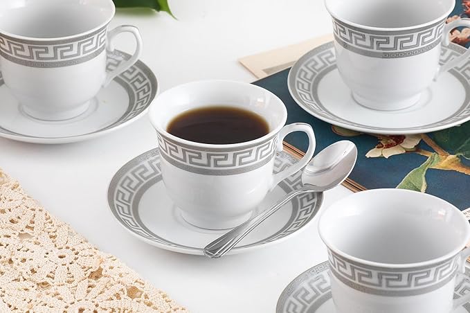 Luxurious 20 Piece Dinnerware Set - Service for 4 - Vintage Silver Greek Key Edge Design - Elegant Ceramic Plates and Bowls - Classic Dish - Kitchen Plates Set for 4 (Meander Silver 2020)