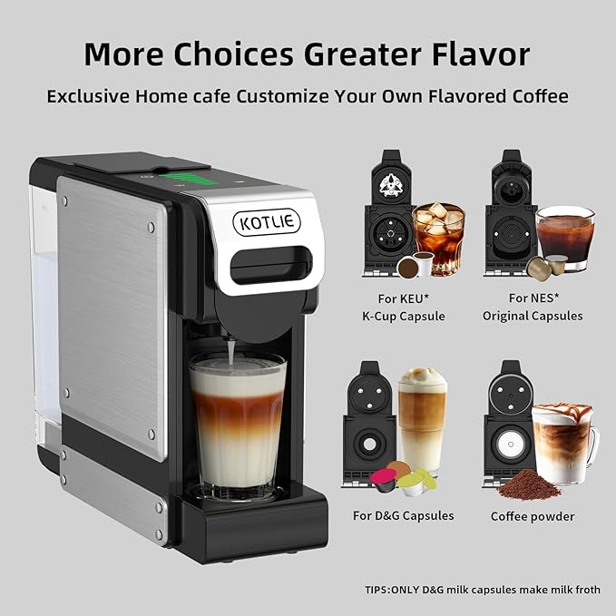 KOTLIE Update 4-in-1 Capsules &amp Grounds Single-Serve Coffee MakerCompatible with K*cup/Nes* Original/Dol*e Gusto/Grounds19 Bar (Black)