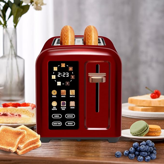 SEEDEEM Toaster 2 Slice Touch Control Stainless Toaster LCD Display 50% Faster Heating Speed 1.4'' Wide Slots More Timer Functions Removable Crumb Tray 1350W Dark Cherry