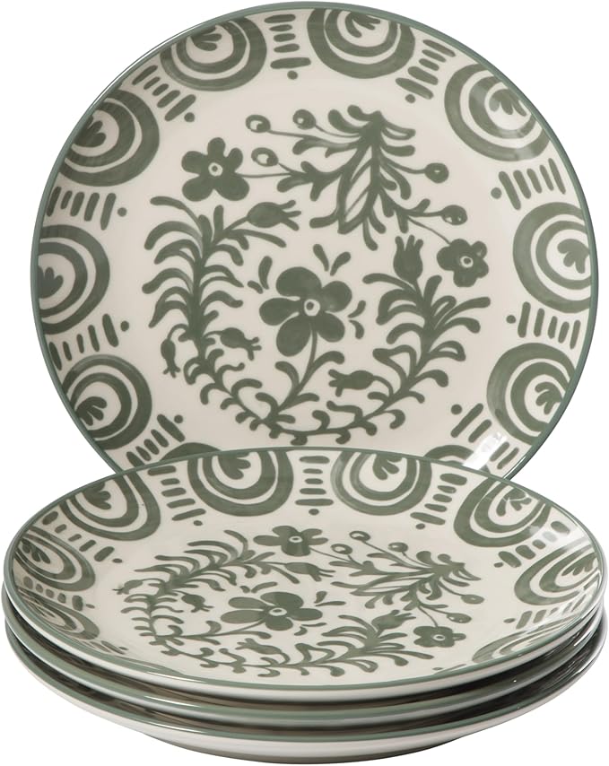 Bloomhouse - 2-Time Oprah’s Favorite Things - Valencia Flor 4 Piece Dessert &amp Salad Plate Set 8.75” Stoneware Plates Mediterranean Floral Decal Design Microwave &amp Dishwasher Safe Fern Gree