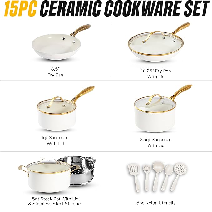 Gotham Steel 15 Pc Ceramic Cookware Set Ceramic Pots and Pans Set Non Stick with Cooking Utensils and Steamer Non Toxic PFOA PFOS Free Premium Gold Stay Cool Handles Oven &amp Dishwasher Safe