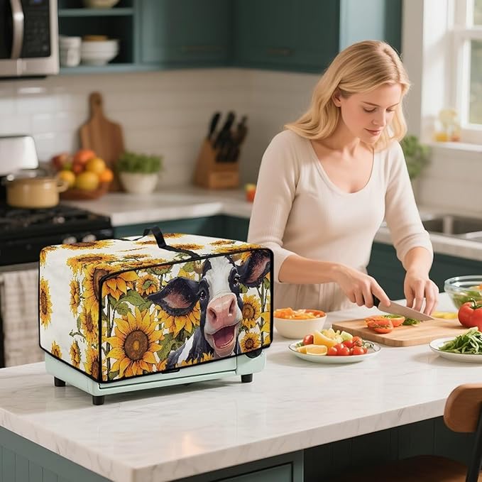 Doojoayie Small Appliance Covers Sunflower &amp Cow Toaster Oven Cover 4 Slice Kitchen Appliance Dust Protector 18.5x14.5x 9 Compatible with Toaster/Bread Machine