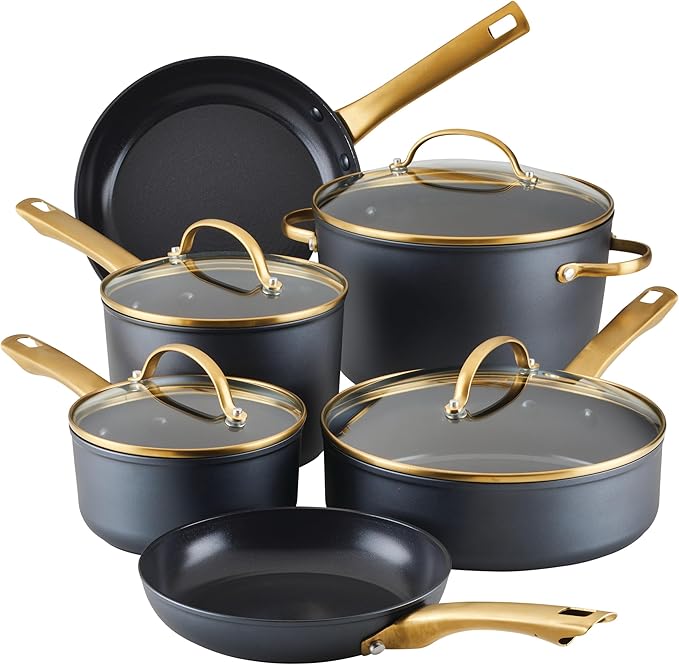 Farberware Forged Induction Ceramic Nonstick Pots and Pans Set with Lids and Kitchen Cooking Tools - Dishwasher Safe Suitable for All Stovetops 12 Piece Cookware Set - Black and Gold