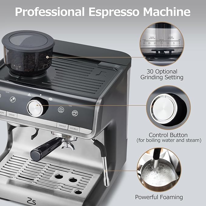 Espresso Machine 20 Bar Coffee Maker with Milk Frother Steam Wand Semi-Automatic Coffee Machine for Cappuccino Latte Fast Heating Stainless Steel