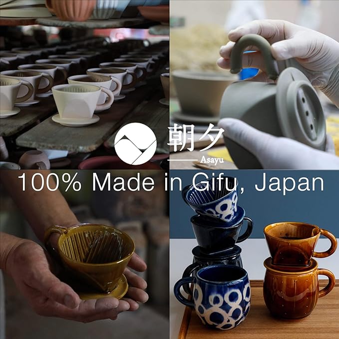 Asayu Japan Ceramic Coffee Pour Over Maker Set in Dark Navy Blue Slow Brewing Paper Filter Holder and Dripper with 3 Holes for Coffee and Tea - Complete 2PCS Set