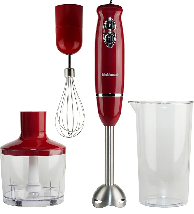 National NA-3104HB 4-in-1 Multi-Purpose Immersion Hand Blender Blend Puree Mash Chop and Whisk Two Speeds Splash Control and ETL Approved with Interchangeable Attachments (Red)