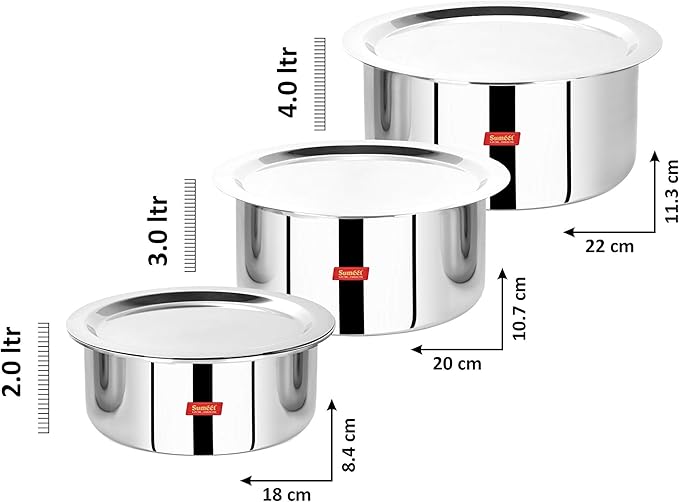 Sumeet Cook Smart TriPly SAS (Steel-Aluminium-Steel - 3 Layers) Tope Set of 3Pcs with Lid - No.18 (2Ltr 18Cm) No. 20(3Ltr 20Cm) No.22 (4Ltr 22Cm)