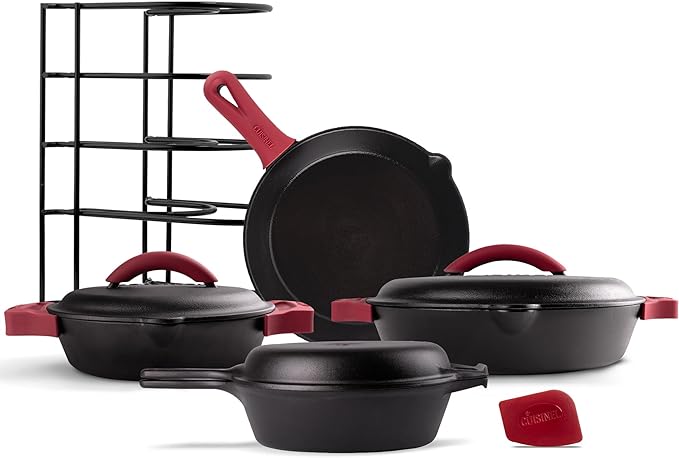 Cuisinel Cast Iron 16-Piece Pre-Seasoned Cookware Set - 8 + 12 Braiser Pans + Cast Iron Lids + 10 Skillet + 2-in-1 Multi-Cooker + 12 Organizer + Scraper + Silicone Handle Covers - Fire Oven Safe