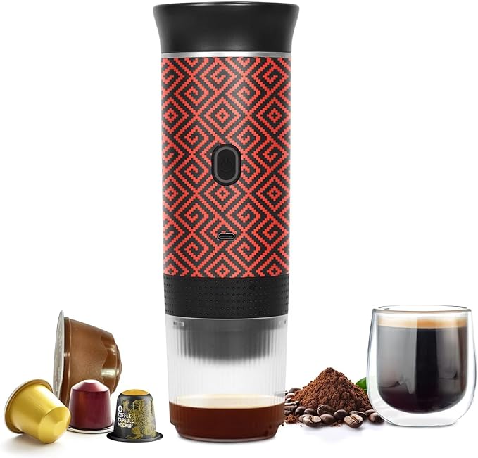 Coffee Maker Gift Set for Travel Battery Powered Portable Electric Espresso Machine for Camping Rechargeable Coffee Maker Self Heating with Ground Coffee &amp Capsule for RV Hiking (Red mix Black)