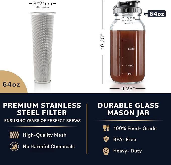 Home Hero Cold Brew Coffee Maker Glass Pitcher - Easy Mason-Style Cold Brew Jar - Smooth Iced Coffee Maker Experience - Leakproof Flip Cap &amp On-the-Go Lid for Iced Tea Pitcher - 64 Oz Black
