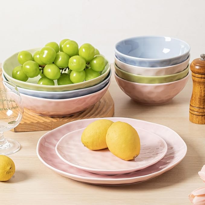 HOMBENE Plates and Bowls Sets Dinnerware Set 12 Piece Service Porcelain Dinnerware for 4 for Dessert Salad and Pasta Mint Glow Green Dishes