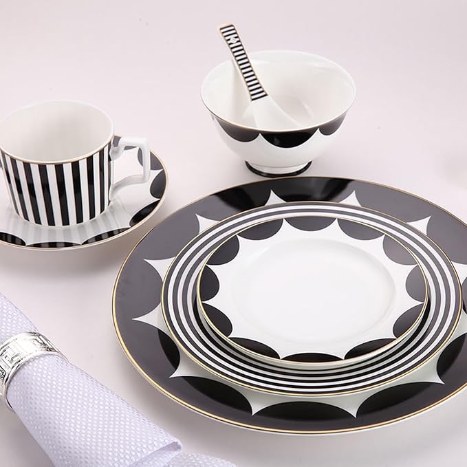 European Style Dinnerware Set Service for 2 Bone China Dinnerware Sets Unbreakable Porcelain Dinner Sets Coffee Cup and Saucer Tableware Set Steak Dinner Plates Dish Set black and white-01