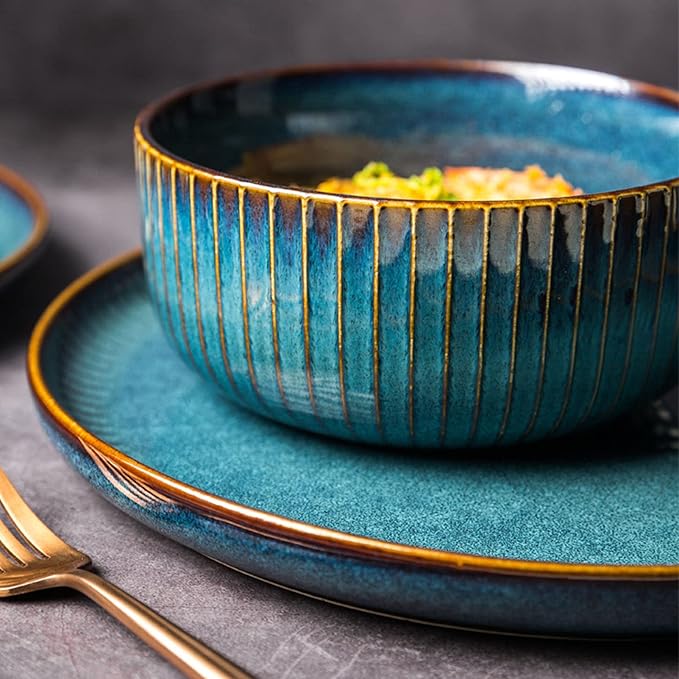 Nordic Style Starry Sky Series Dinnerware Sets Plate and Bowl Sets Kitchen Creativity Ceramic Dish Set Service for 6/8 Person Dinner Plates Salad/Pasta Bowl Microwave Dishwa