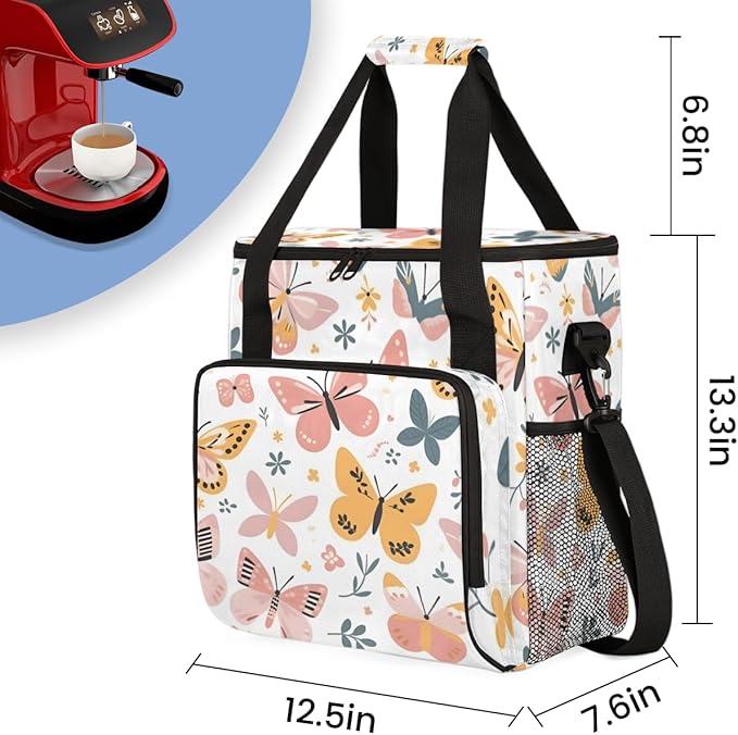 Dreamy Butterfly Coffee Maker Carrying Bag Artistic Butterfly Travel Storage Bag Compatible with K-Mini or K-Mini Plus Single Serve Coffee Brewer Carrying Case with Multiple Pockets &amp Shoulder S