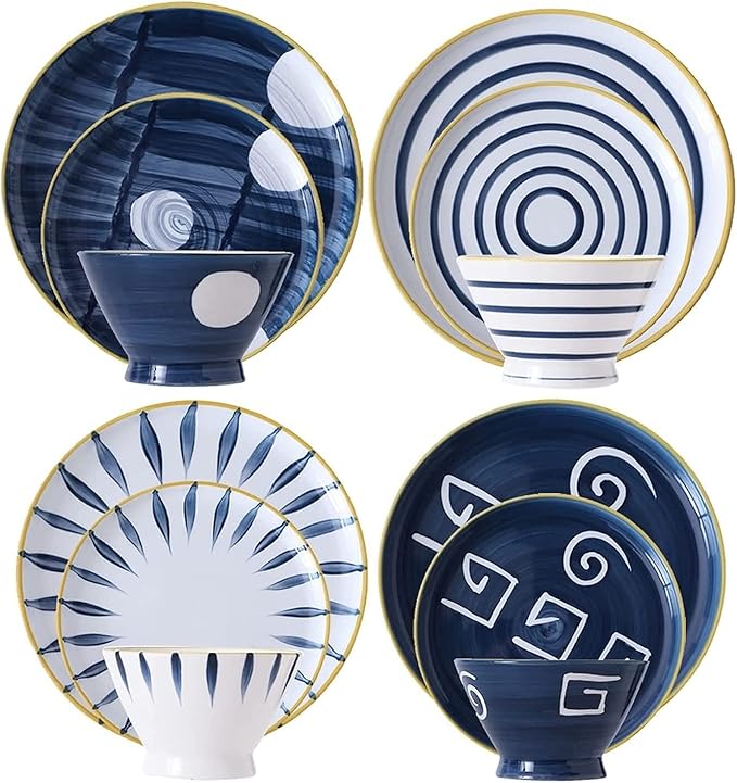 Dinnerware Set Japanese Style 4 Colors Includes 4-Piece Dinner Plates 4-Piece Salad Plates and 4-Piece Bowls24Pieces for 8A